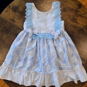 Miranda Kids Blue Rose Floral Lace Trim Bow Sleeveless Dress White Ruffle Hem 8y